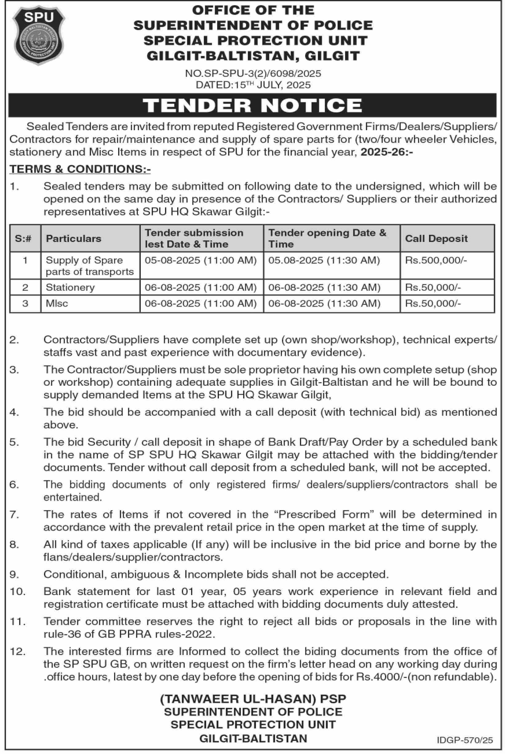 Special Protection Unit Gilgit Baltistan Tender Notice
